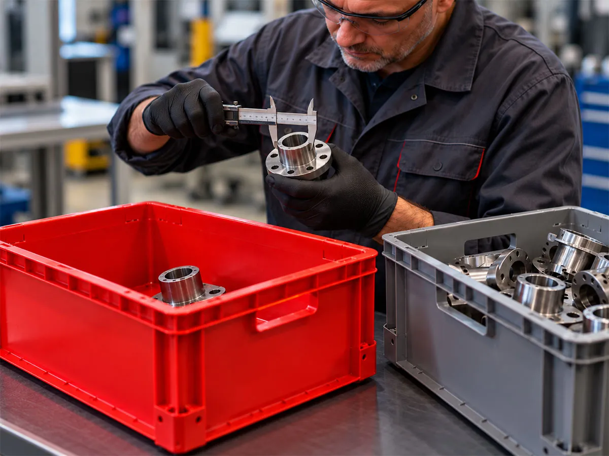 casse in plastica rosse per gestire il materiale non conforme - Generata con IA